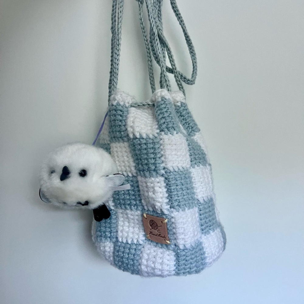 Crochet Checkered Bag with Plush Keychain